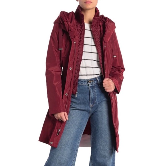 Laundry by Shelli Segal Parka Coat Jacket Burgundy Medium Hooded Quilted - Picture 1 of 16